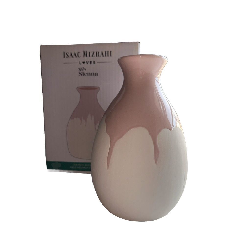 Isaac Mizrahi Loves XO Sienna Vase Ceramic Pottery Cream Hand Dipped Pink Glaze